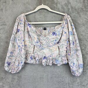 Express Blouse Womens Large Pink Floral Peplum Smocked Sweetheart Linen Blend